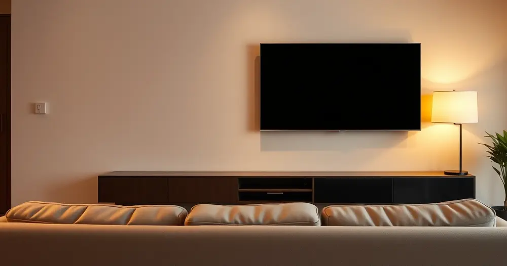 Sala de estar com televisão grande na parede e luminária acesa ao lado