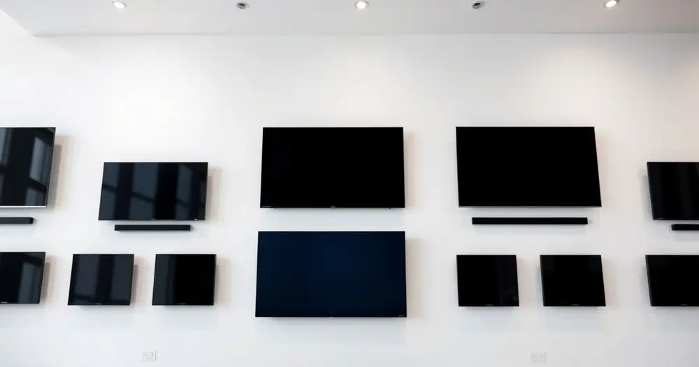 fileira de televisões de tela plana em parede branca de showroom