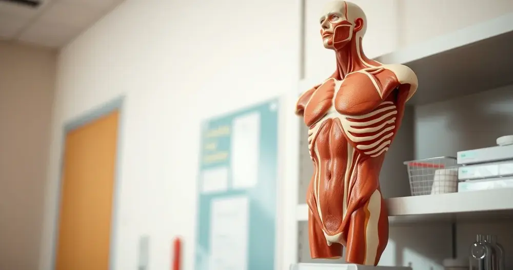 Modelo anatômico de tronco humano sobre prateleira em sala de estudo