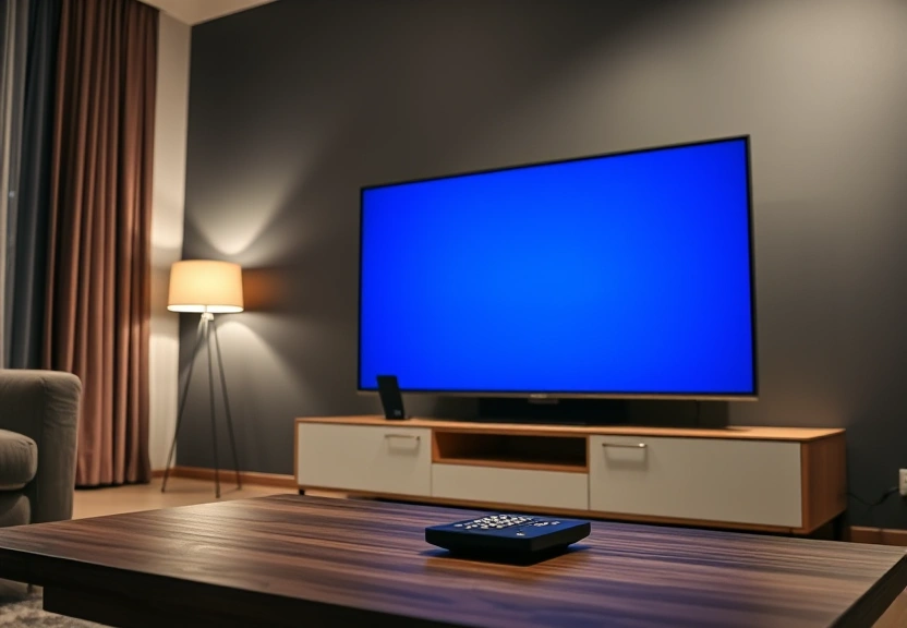 Televisão grande na sala à noite, com o controle remoto sobre a mesa